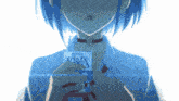 a girl with blue hair is holding a card that says " milk "