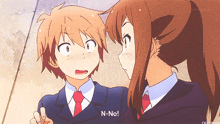 a boy and girl are looking at each other and the girl says n-no