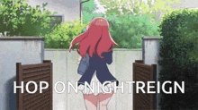a picture of a girl walking with the words hop on nightreign above her
