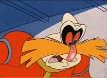a cartoon character with a mustache is making a funny face with his tongue out .