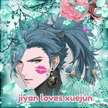 jiyan loves xuejun written on a picture of a man with blue hair