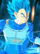 a cartoon character with blue hair and a white vest