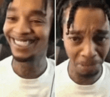 a man is smiling and crying in the same picture .