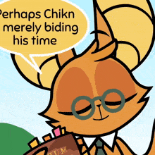 a cartoon of a cat holding a book that says " perhaps chikin merely biding his time "
