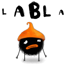 a cartoon character wearing an orange hat with the word blabl written above it