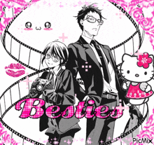 a man and a woman are standing next to each other in front of a hello kitty and a film strip .