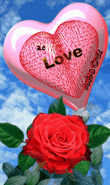 a heart shaped balloon with the word love written on it
