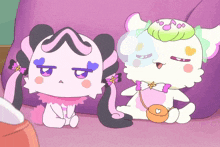 two cartoon characters are sitting next to each other and one has a bag on her shoulder