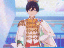 a cartoon character is wearing a crown and a white and gold outfit .