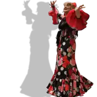 a woman in a floral dress is dancing with her hands in the air