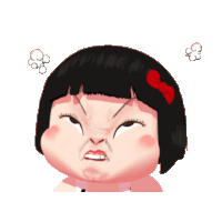 a cartoon girl with short black hair and a red bow on her head making an angry face