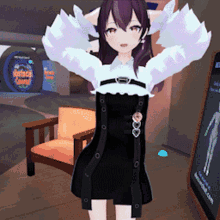 a girl in a black dress with white wings is standing in front of a chair and a sign that says instant cash