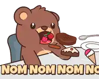 a cartoon of a teddy bear eating food with the words nom nom nom nom