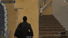 a screenshot of a video game shows a man walking up a set of stairs with a bag on his back