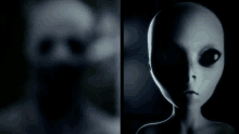 a close up of a person 's face and a close up of an alien 's face in a dark room .
