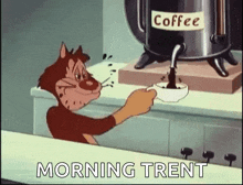 a cartoon cat is pouring coffee into a cup on a kitchen counter .