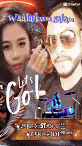 a picture of a man and a woman with the words let 's go on it