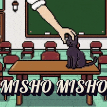 a cartoon of a hand petting a black cat with the words misho misho written below it