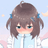a girl with brown hair and blue eyes is wearing a white jacket with the letter c on it