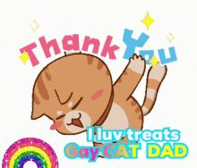 a cartoon cat holding up a thank you sign with a rainbow in the background