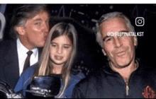 a man kissing a little girl on the cheek while another man looks on