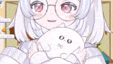 a girl with white hair and glasses holds a stuffed animal