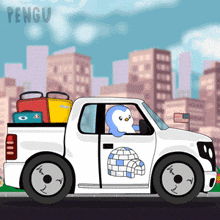a cartoon of a penguin driving a truck with luggage in the back