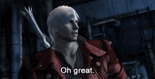 a man in a red jacket is saying " oh great "