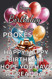 a happy birthday card with balloons and a gift box