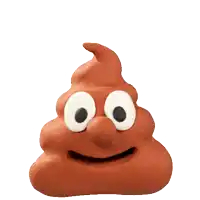 a cartoon poop with white eyes and red swirls coming out of it