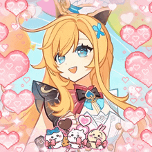 a girl with long blonde hair and blue eyes surrounded by pink hearts