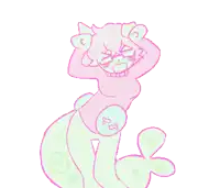 a cartoon drawing of a cat with a pink sweater and green legs