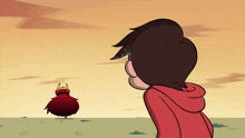 a cartoon character in a red hoodie stands in a field