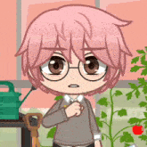 a cartoon character with pink hair and brown eyes