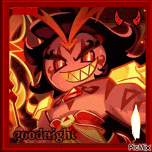 a cartoon character with a big smile on his face and the words `` goodnight '' written on it .
