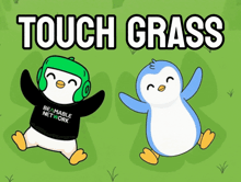 two penguins are laying in the grass and the words touch grass are above them