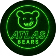 a neon sign that says atlas bears with a teddy bear in the center .