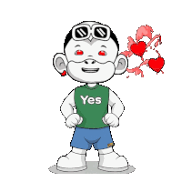 a cartoon character wearing a green yes shirt