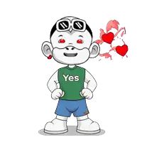 a cartoon character wearing a green yes shirt
