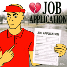 a cartoon of a man holding a job application with a broken heart in the background