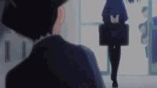 a girl with a briefcase is walking towards a man in a suit .
