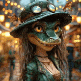 a cartoon crocodile wearing a hat and goggles with a butterfly on her head