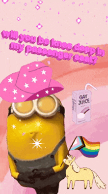 a picture of a minion wearing a cowboy hat and goggles with a box of gay juice in the background