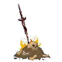 a pixel art drawing of a skeleton with a sword coming out of it .