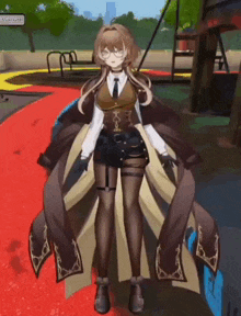 a cartoon girl is standing in a park wearing glasses and a long coat .