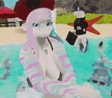 a cartoon character is sitting in the water with an umbrella and a starfish in the background