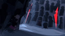 a group of people standing in a dark room with a red light coming out of it