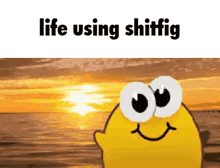 a cartoon character with big eyes is smiling in front of a sunset and the words `` life using shitfig '' .