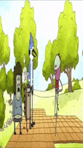 a group of regular show characters standing on a brick walkway