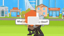 a cartoon drawing of a man talking to another man with a sign that says what about